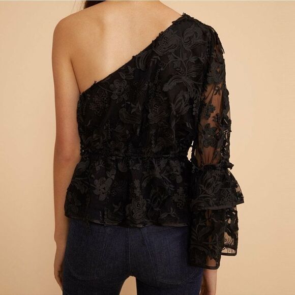 Cynthia Rowley Black lace Beatrix one shoulder ruffle sleeve blouse - Picture 2 of 8